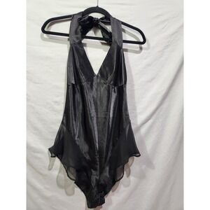 Vintage 1990s Black Halter Teddy Lingerie Highcut W Lace And‎ Tieback